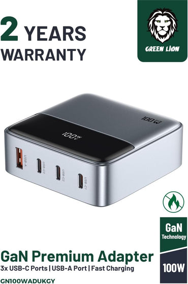 Green Lion 100W GanPremium Charger, 3×USB-C/ 1×USB-A, 1.5m Cord UK Plug, 100W