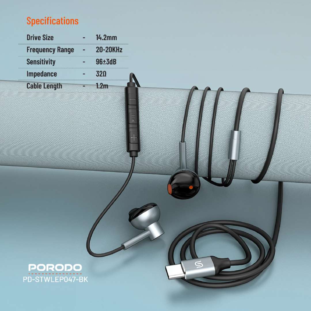Porodo Soundtec Stereo Earphones with Type-C Connector