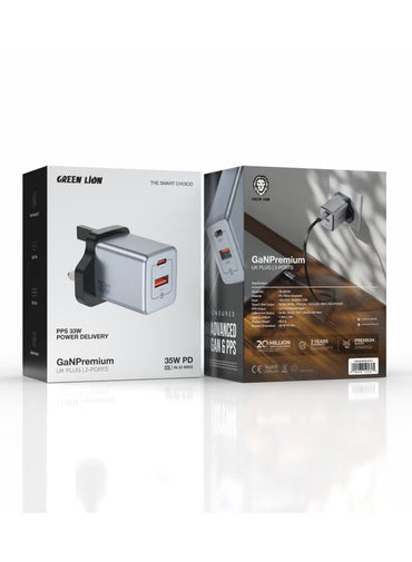 GaN Premium 35W Adapter UK Plug with 2 Ports & 70cm Built-in Type-C Retractable