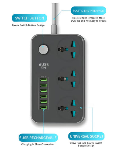 2 Meters Universal Extension Lead with Multiple Function UK Plug 3 Pin Socket