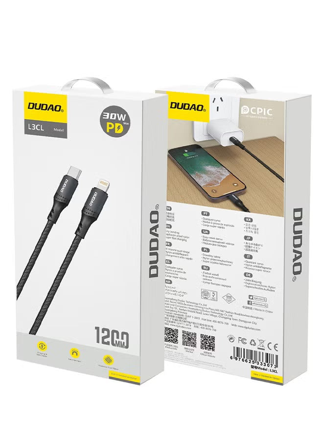 30W USB-C to Lightning Cable, Type-C to Lightning Fast Charging Cable, Suitable for All Lightning Port Devices, 1.2 Meters Long