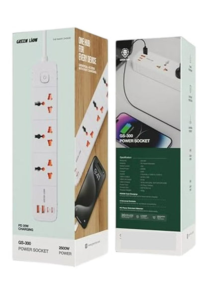 GS-300 Power Socket 2500W / Overload Protection / PC Flame Retardant Material / 10A Rated Current / UK Plug 2Meters Cord / 2 USB Type-C Port & 2 USB Type-A Port / PD 20W Fast Charging
