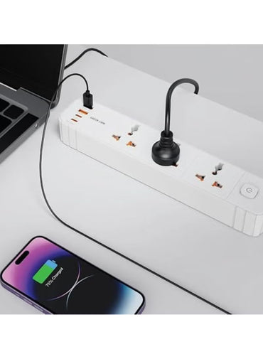 GS-300 Power Socket 2500W / Overload Protection / PC Flame Retardant Material / 10A Rated Current / UK Plug 2Meters Cord / 2 USB Type-C Port & 2 USB Type-A Port / PD 20W Fast Charging