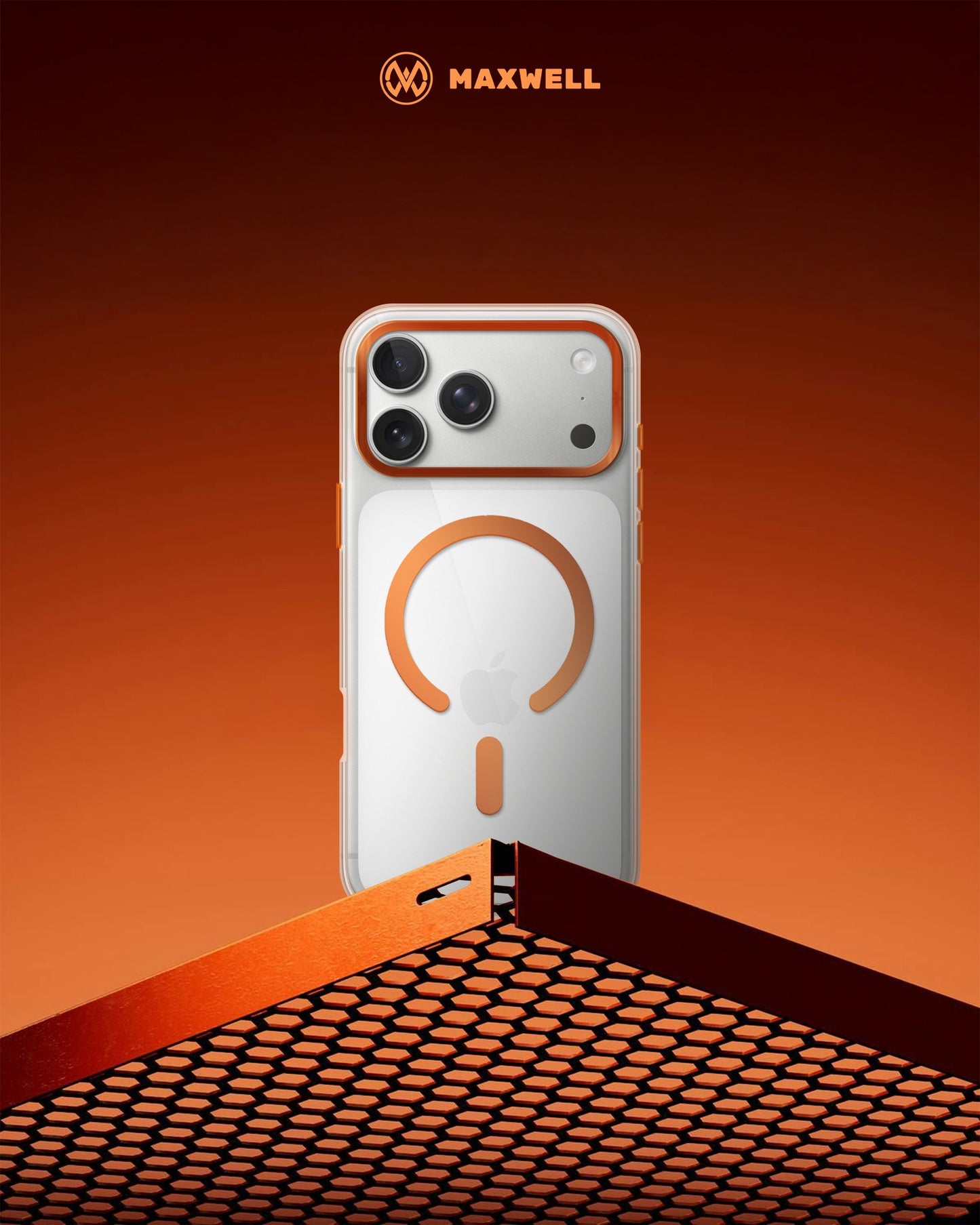 Maxwell MagSafe iPhone 17 Pro Max Case with Lens Guard – Crystal Clear, Orange