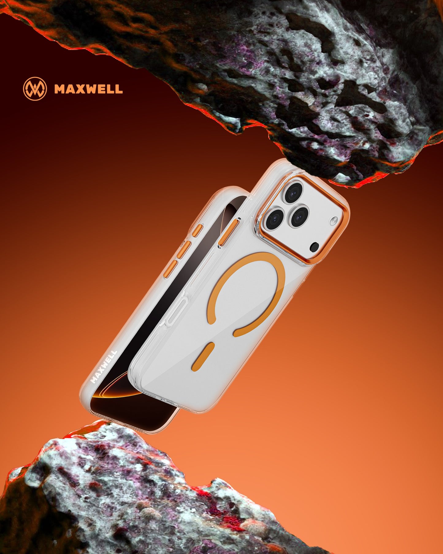 Maxwell MagSafe iPhone 17 Pro Max Case with Lens Guard – Crystal Clear, Orange