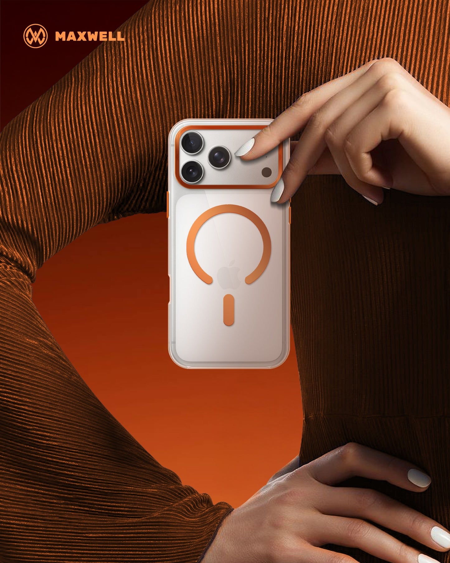 Maxwell MagSafe iPhone 17 Pro Max Case with Lens Guard – Crystal Clear, Orange