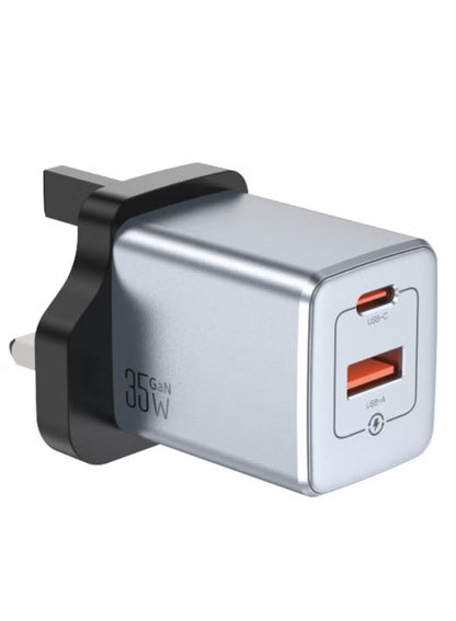 GaN Premium 35W Adapter UK Plug with 2 Ports & 70cm Built-in Type-C Retractable