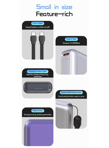 Dudao 10000mAh Mini Power Bank, Power Bank with Built-in Fast Charging Cable