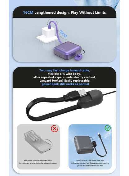 Dudao 10000mAh Mini Power Bank, Power Bank with Built-in Fast Charging Cable