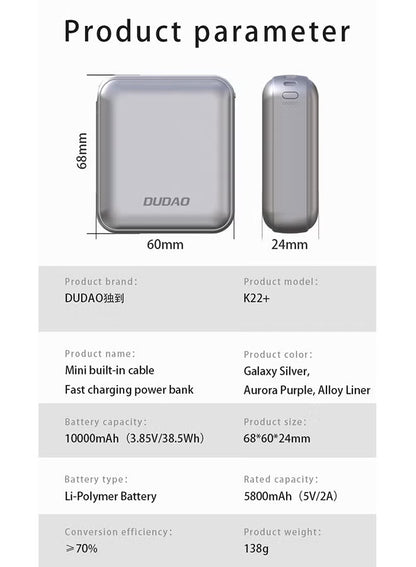 Dudao 10000mAh Mini Power Bank, Power Bank with Built-in Fast Charging Cable