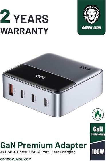 Green Lion 100W GanPremium Charger, 3×USB-C/ 1×USB-A, 1.5m Cord UK Plug, 100W PD/ 60W QC 3.0, 50% in 30Min, PC Flame Retardent PC Material