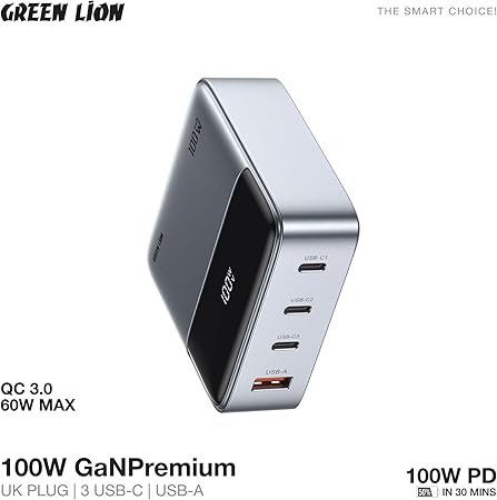 Green Lion 100W GanPremium Charger, 3×USB-C/ 1×USB-A, 1.5m Cord UK Plug, 100W PD/ 60W QC 3.0, 50% in 30Min, PC Flame Retardent PC Material