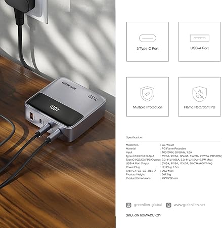 Green Lion 100W GanPremium Charger, 3×USB-C/ 1×USB-A, 1.5m Cord UK Plug, 100W PD/ 60W QC 3.0, 50% in 30Min, PC Flame Retardent PC Material