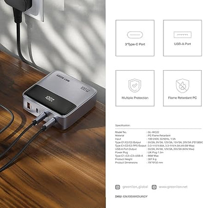 Green Lion 100W GanPremium Charger, 3×USB-C/ 1×USB-A, 1.5m Cord UK Plug, 100W PD/ 60W QC 3.0, 50% in 30Min, PC Flame Retardent PC Material