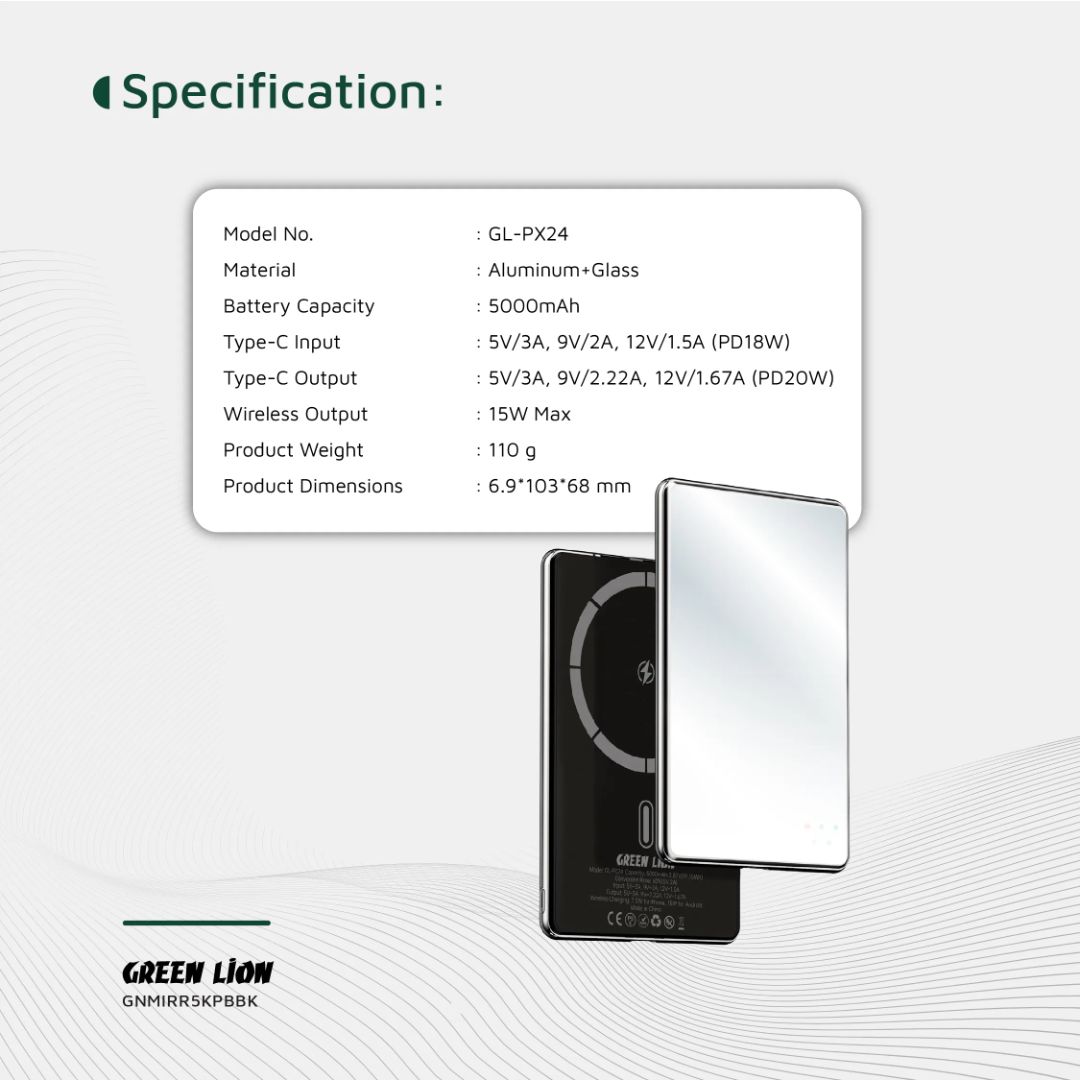 Green Lion Mirror Design 5000mAh Power Bank - PD 20W