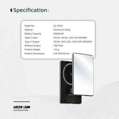Green Lion Mirror Design 5000mAh Power Bank - PD 20W