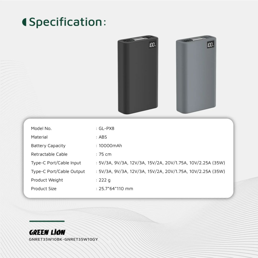 Green Lion Retractable Power Bank 35W 10000mAh