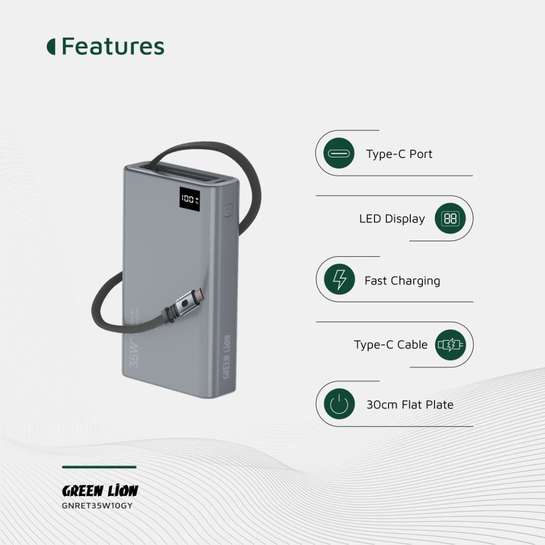 Green Lion Retractable Power Bank 35W 10000mAh