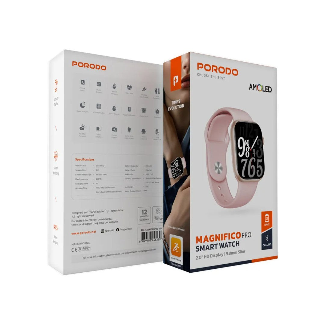 Porodo Jet Black Magnifico Pro Smart Watch – 2.0" AMOLED Display