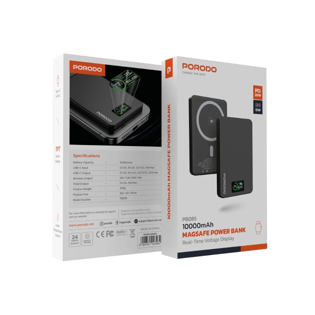 Porodo 10000mAh MagSafe Power Bank | 20W PD | 15W Wireless | TFT Display