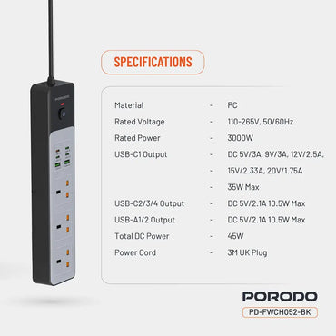 Porodo 3AC | 45W | 3000W Power Strip