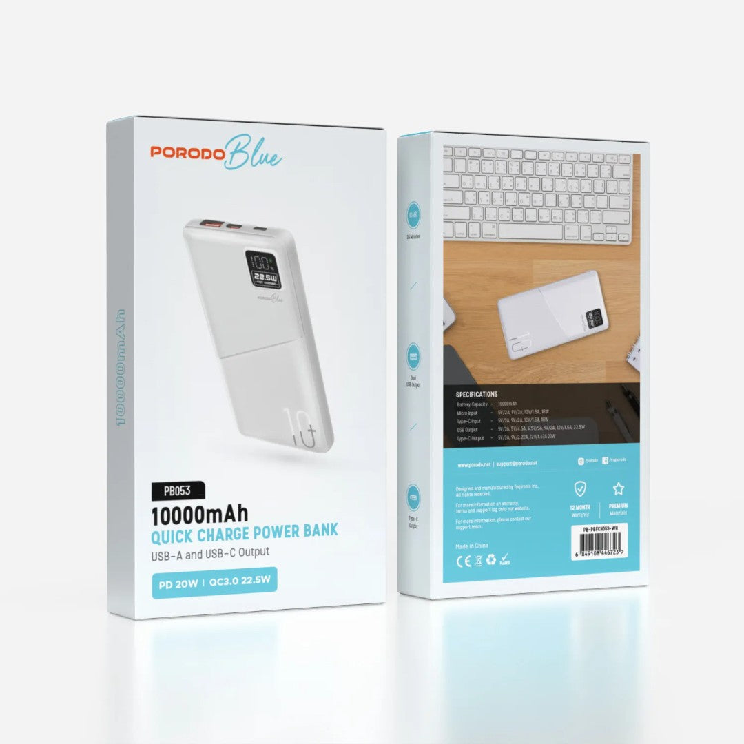 Porodo Blue 10000mAh Quick Charge Power Bank | USB-A &amp; USB-C Output