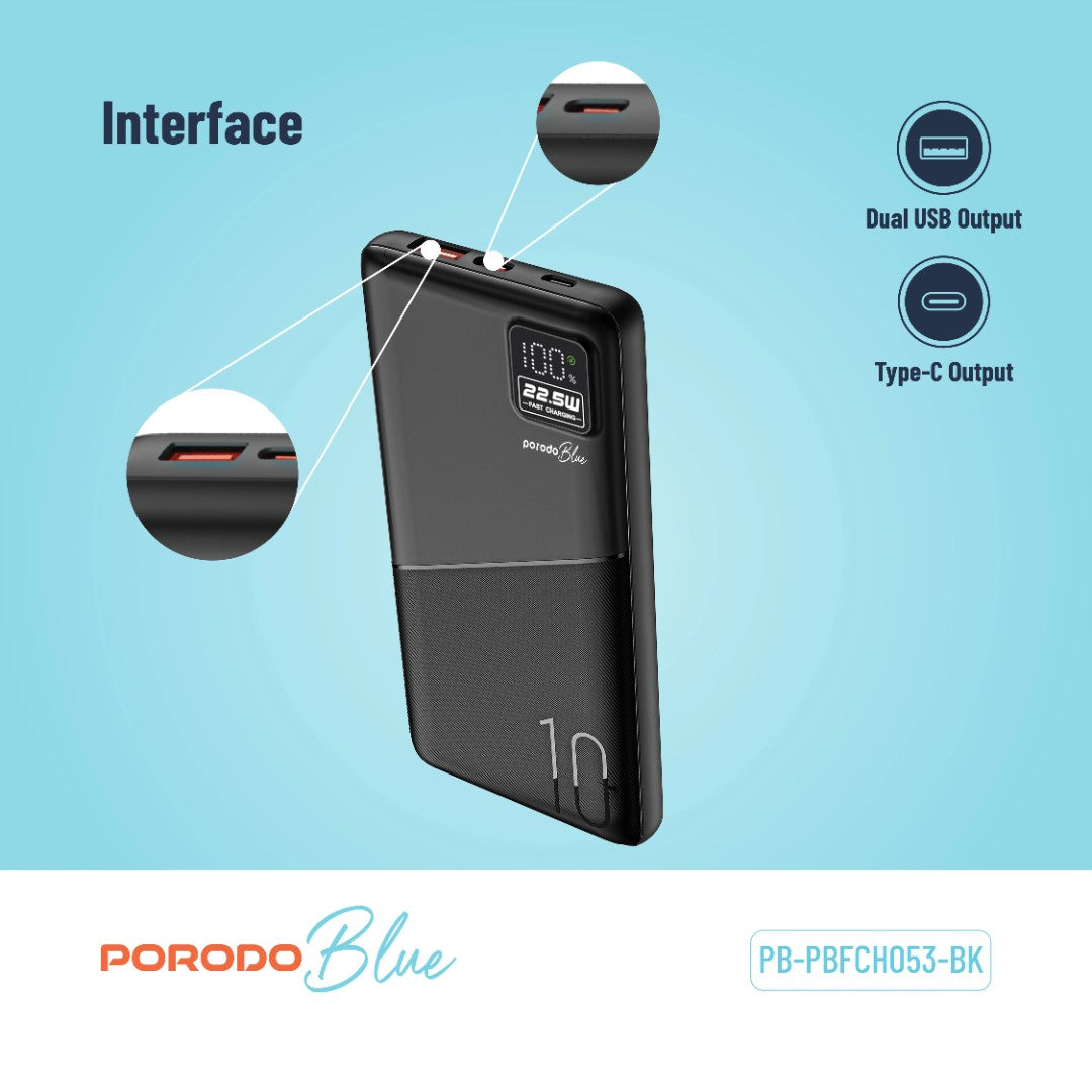 Porodo Blue 10000mAh Quick Charge Power Bank | USB-A &amp; USB-C Output