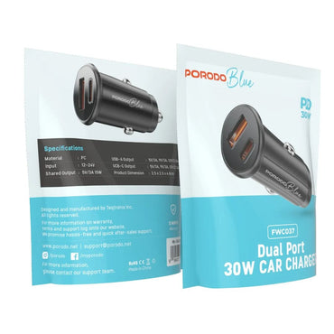 Porodo Blue Dual Port 30W Car Charger