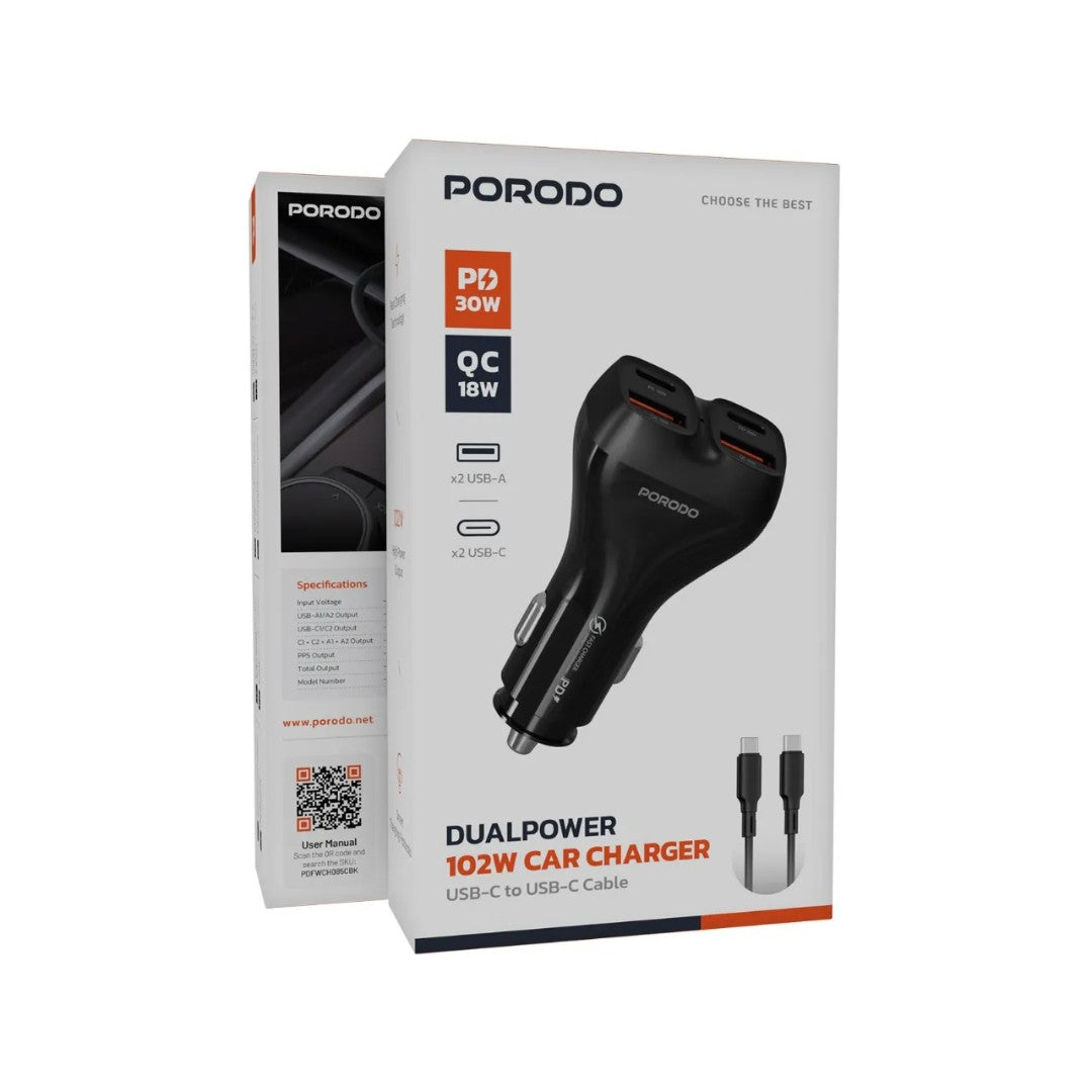 Porodo Dualpower 102W Car Charger with USB-C to USB-C Cable