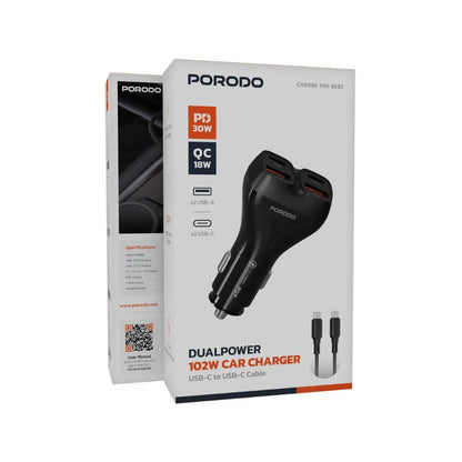 Porodo Dualpower 102W Car Charger with USB-C to USB-C Cable