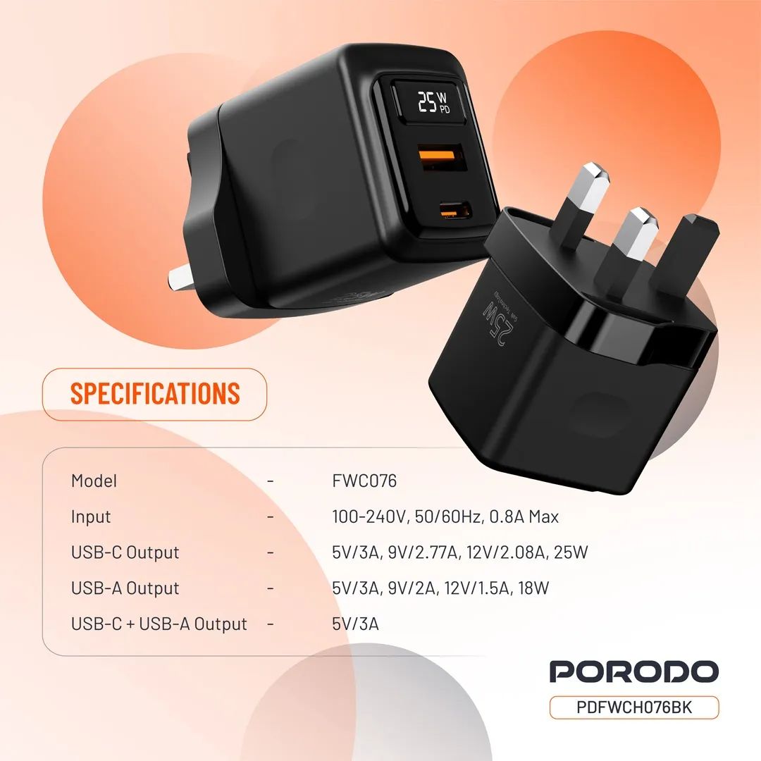 Porodo GaN 25W Dual-Port Wall Charger