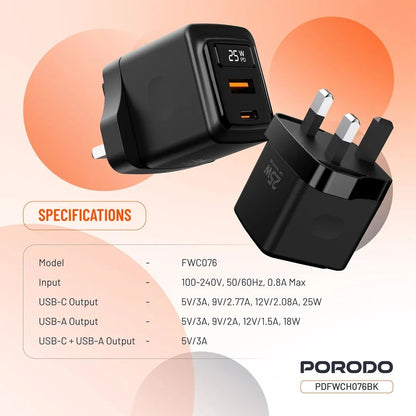 Porodo GaN 25W Dual-Port Wall Charger