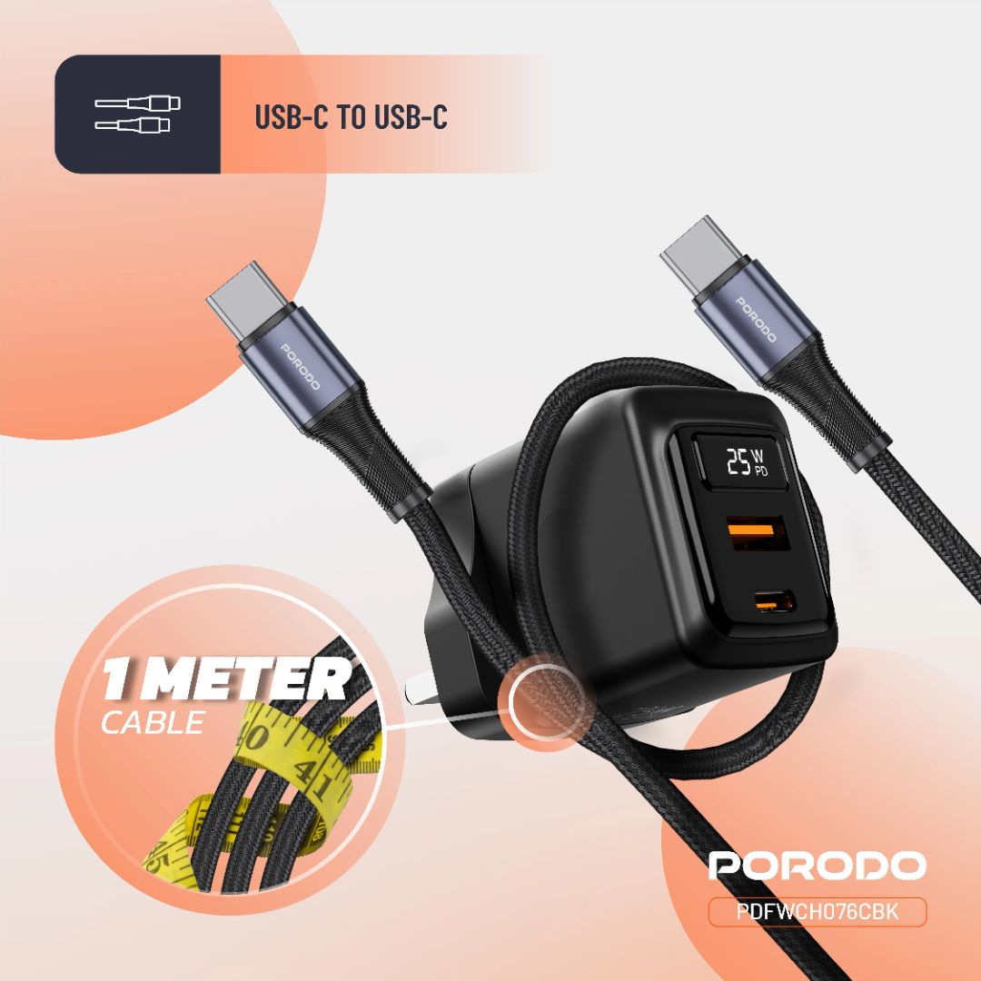 Porodo GaN 25W Dual-Port Wall Charger With Type-C to Type-C Cable