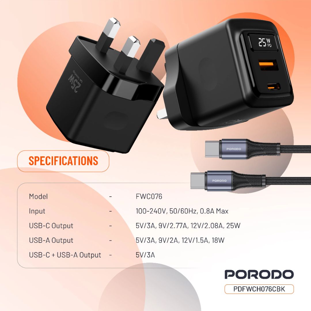 Porodo GaN 25W Dual-Port Wall Charger With Type-C to Type-C Cable