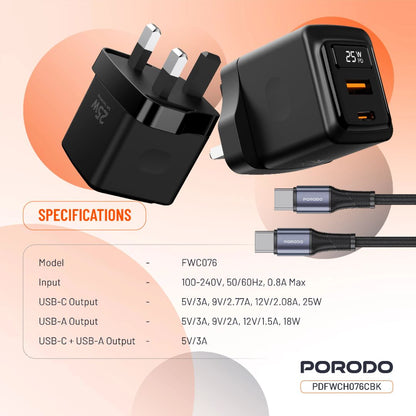Porodo GaN 25W Dual-Port Wall Charger With Type-C to Type-C Cable