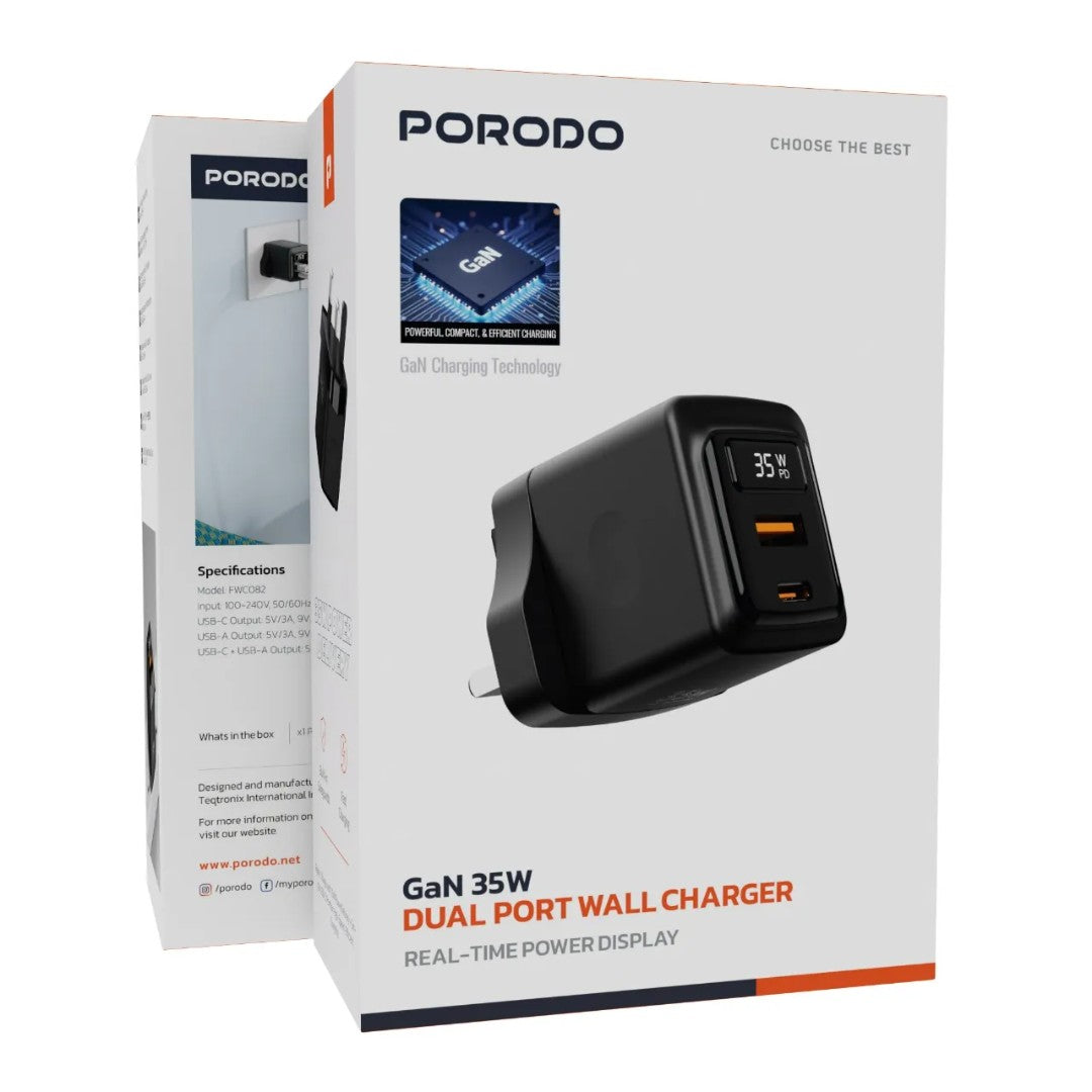 Porodo GaN 35W Dual-Port Wall Charger with Power Display