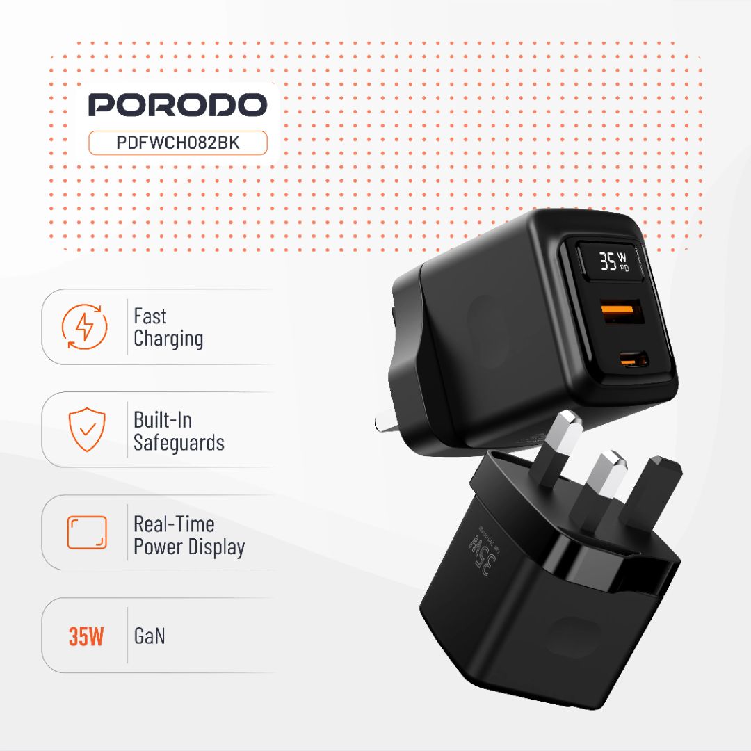 Porodo GaN 35W Dual-Port Wall Charger with Power Display