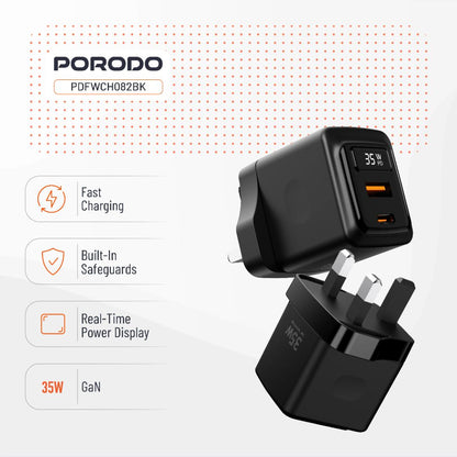 Porodo GaN 35W Dual-Port Wall Charger with Power Display