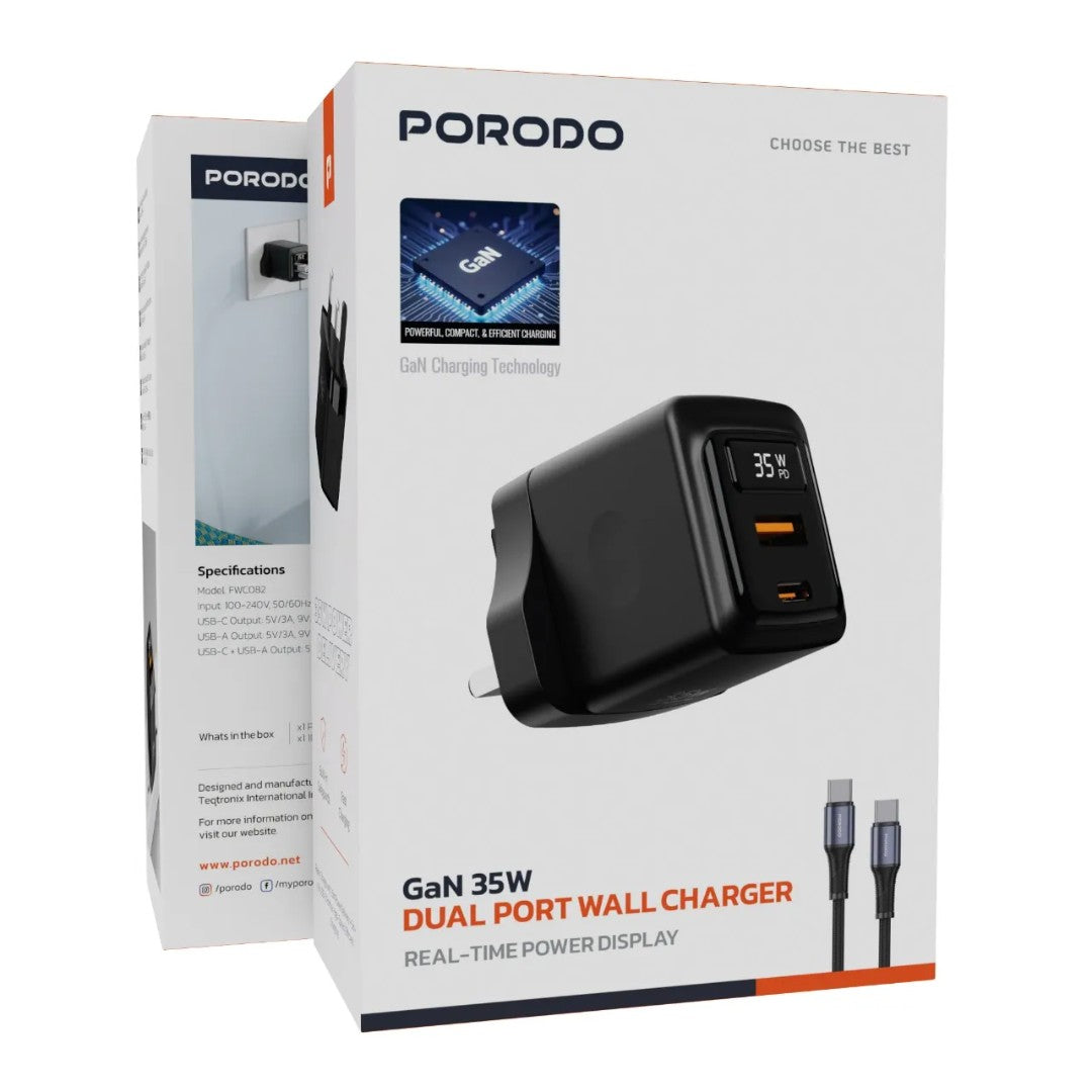 Porodo GaN 35W Dual-Port Wall Charger with Type-C to Type-C Cable