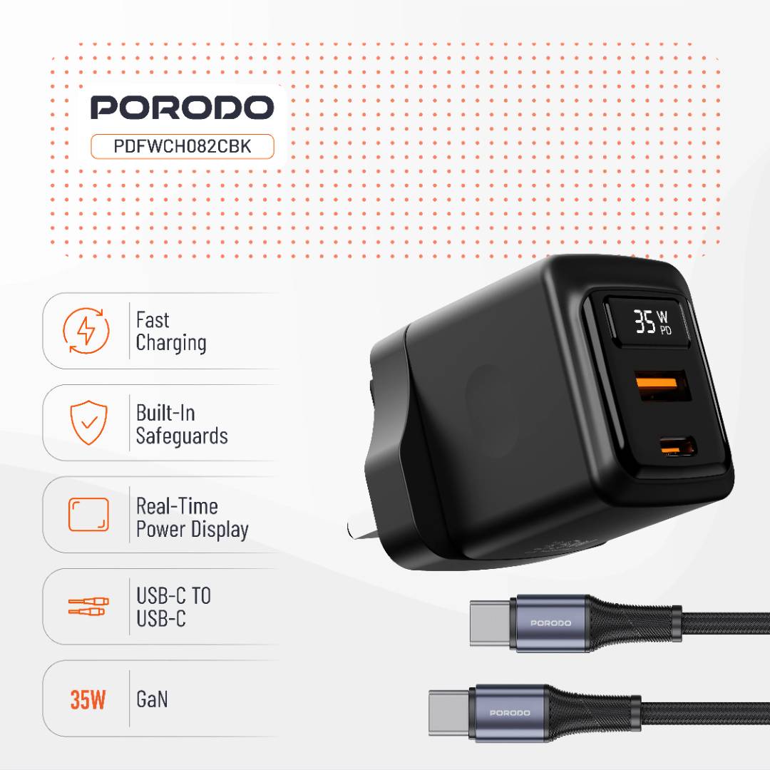 Porodo GaN 35W Dual-Port Wall Charger with Type-C to Type-C Cable