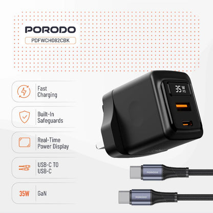 Porodo GaN 35W Dual-Port Wall Charger with Type-C to Type-C Cable