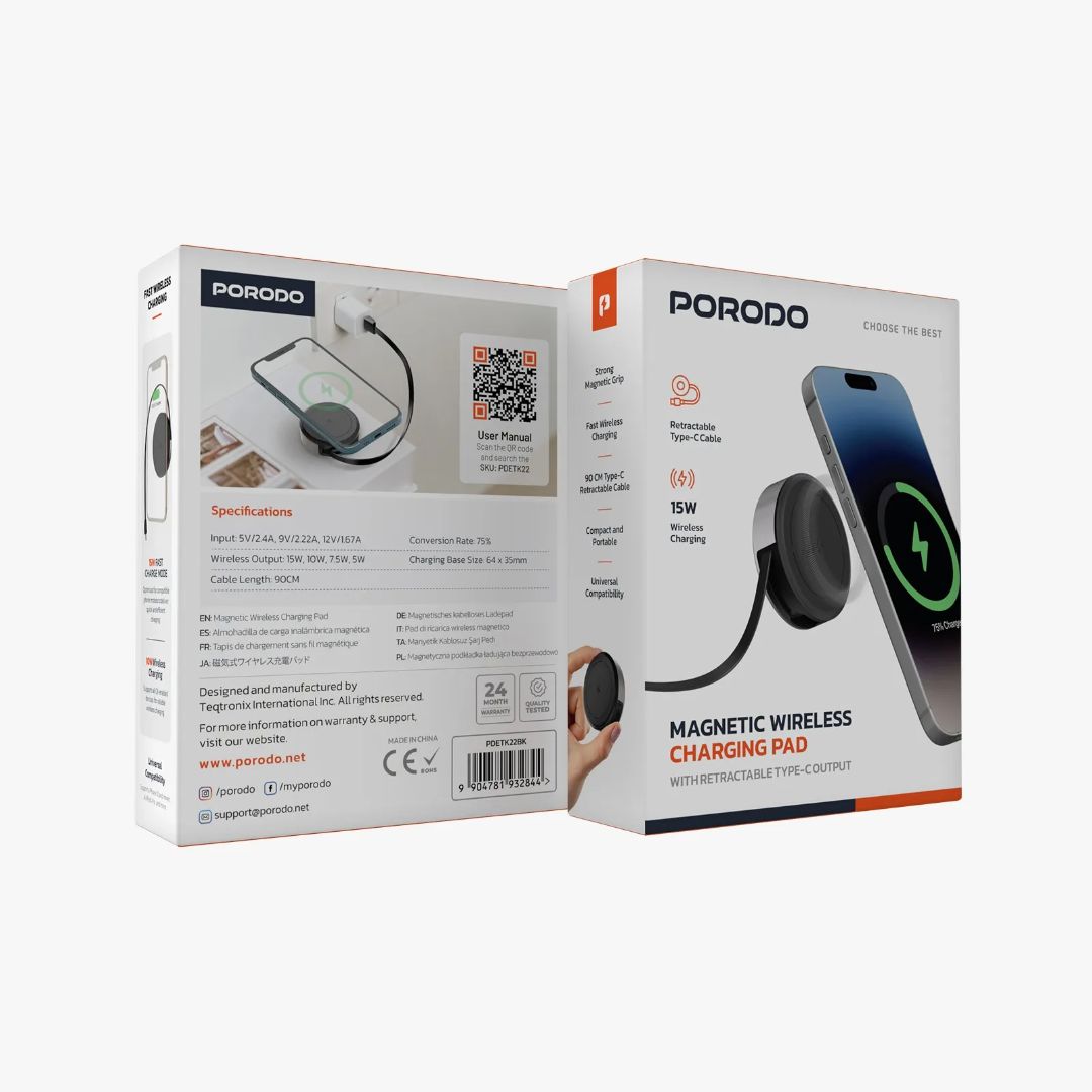 Porodo Magnetic Wireless Charging Pad with Retractable Type-C Output