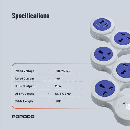 Porodo Multi-Socket Strip | Universal AC &amp; USB-C PD | 1.8m