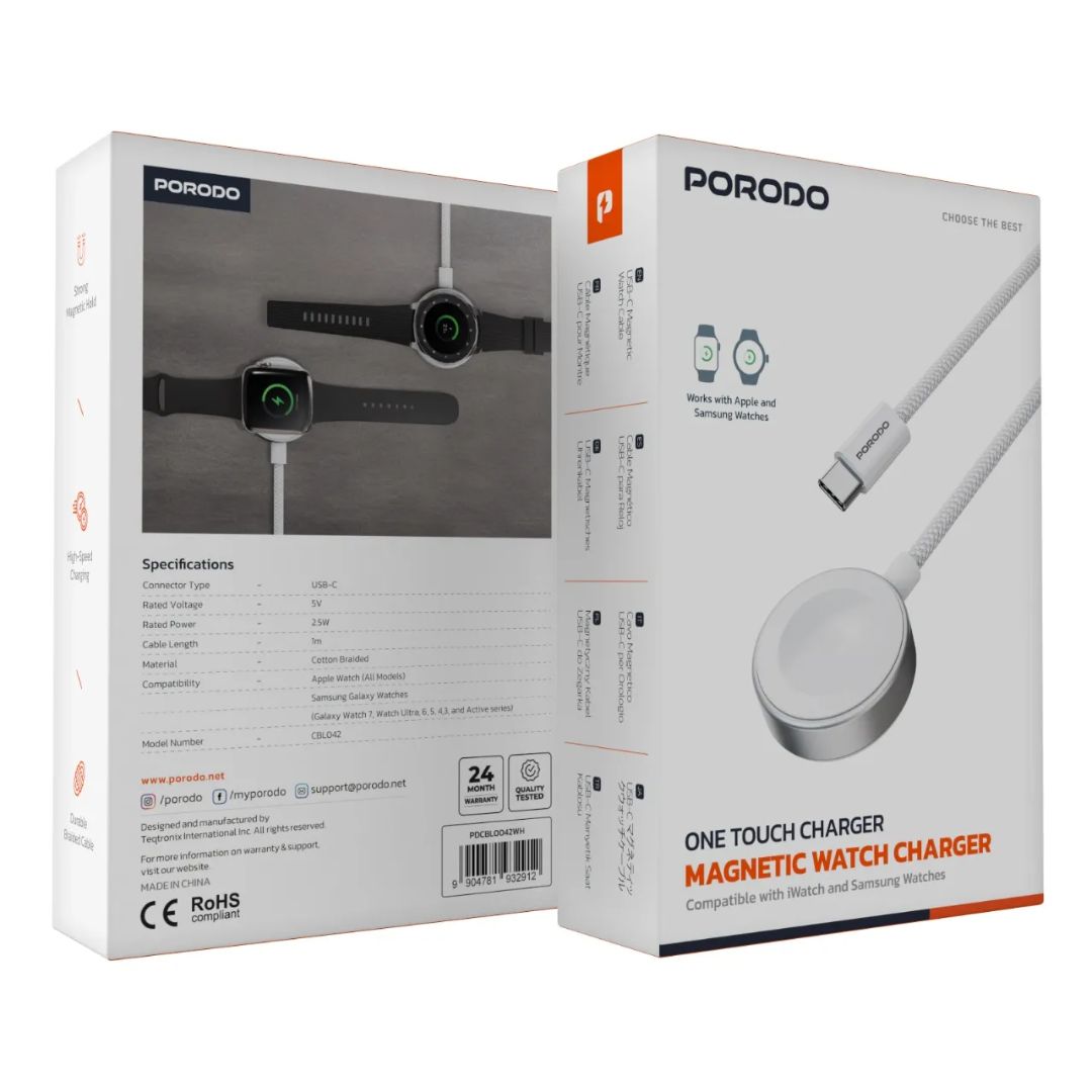 Porodo One Touch Magnetic Watch Charger – Fast, Secure &amp; Universal