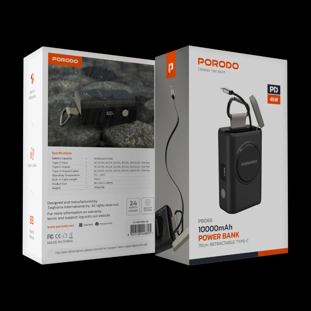 Porodo PB068 10000mAh Power Bank – 45W Fast Charging with Built-in Cable
