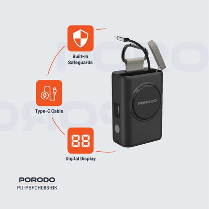 Porodo PB068 10000mAh Power Bank – 45W Fast Charging with Built-in Cable