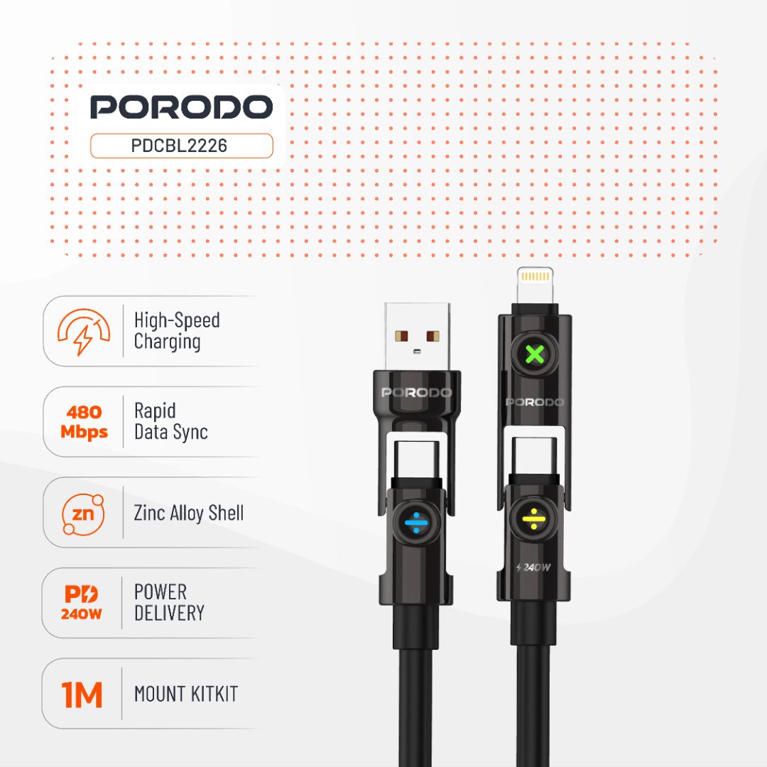 Porodo Powerglow 4-in-1 High-Speed Charging Cable PD 240W