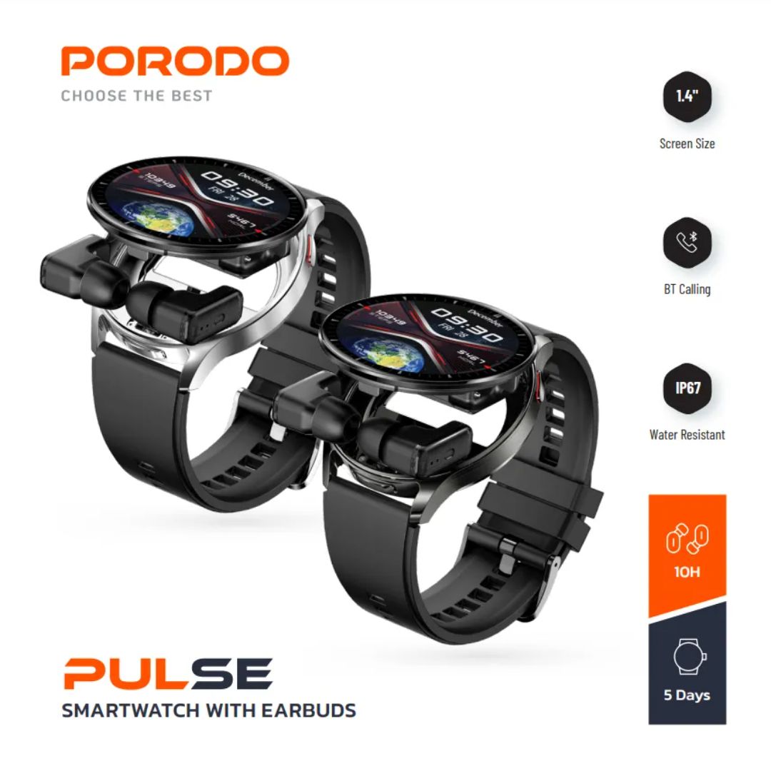 Porodo Pulse Smartwatch With Earbuds – 2 in 1 Innovation