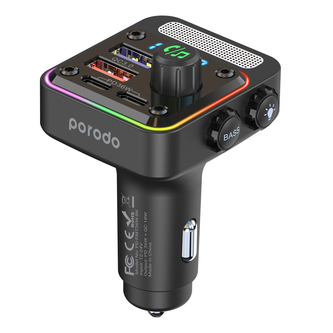 Porodo Quick-Charge FM Car Charger Dual USB-C &amp; USB-A