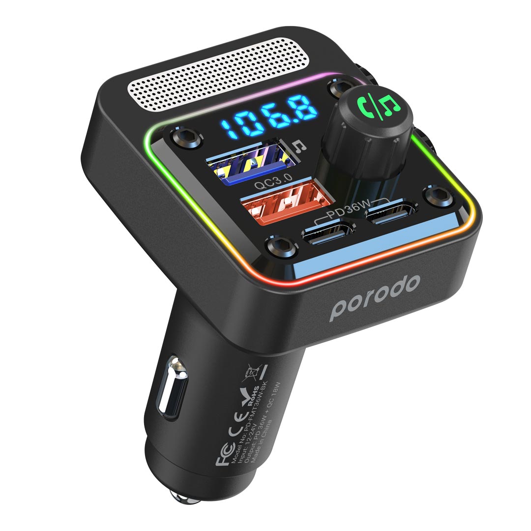 Porodo Quick-Charge FM Car Charger Dual USB-C &amp; USB-A